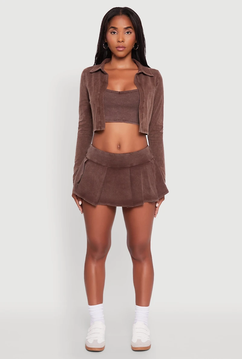 Womens Acid Wash Cropped Rib Knit Cami with Long Sleeve Jacket, Brown, Size M