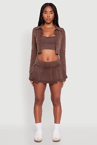 Womens Acid Wash Cropped Rib Knit Cami with Long Sleeve Jacket, Brown, Size M