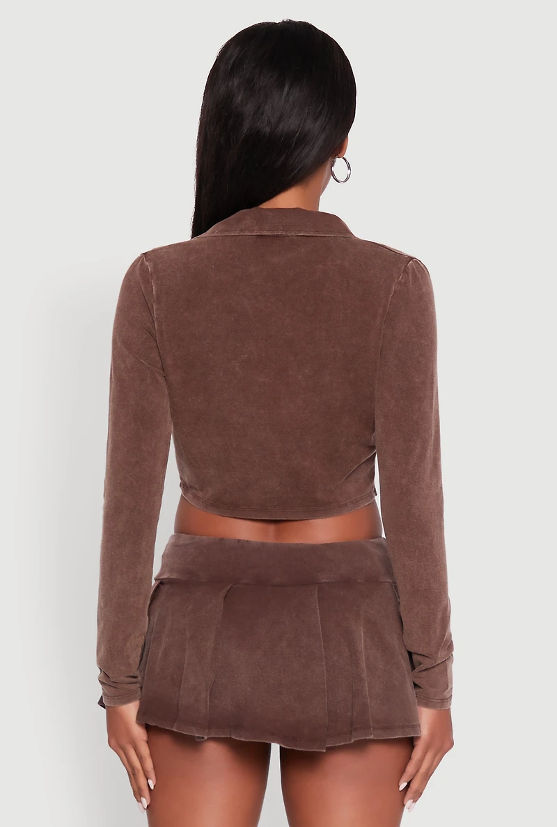 Womens Acid Wash Cropped Rib Knit Cami with Long Sleeve Jacket, Brown, Size M