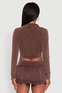 Womens Acid Wash Cropped Rib Knit Cami with Long Sleeve Jacket, Brown, Size M