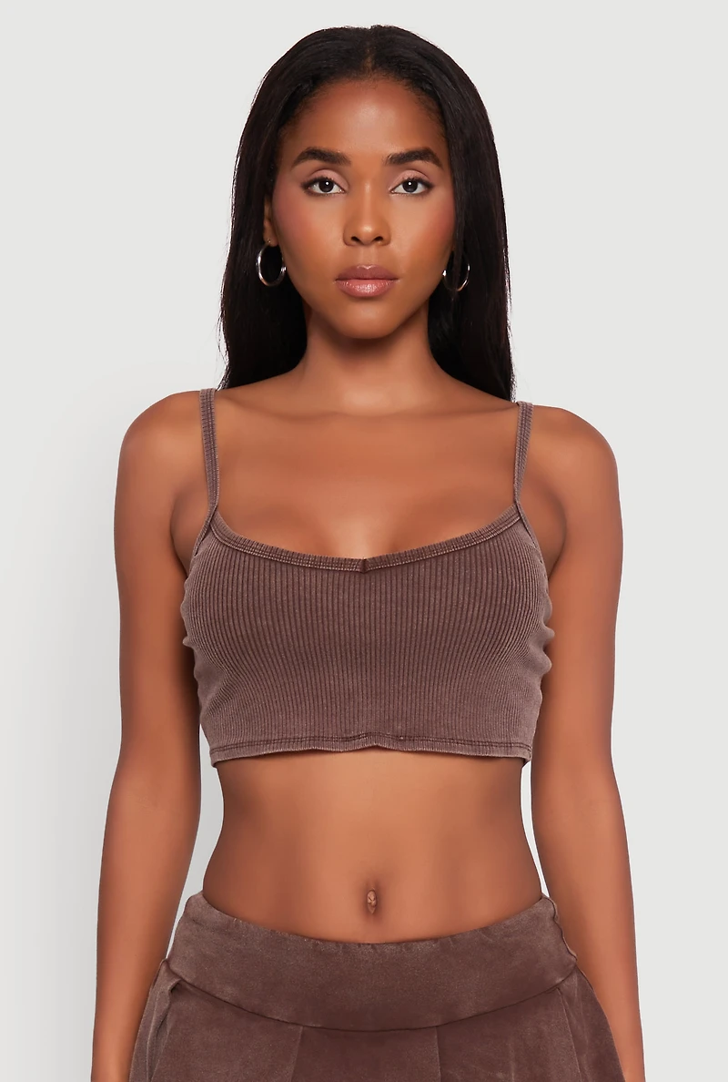 Womens Acid Wash Cropped Rib Knit Cami with Long Sleeve Jacket, Brown, Size M