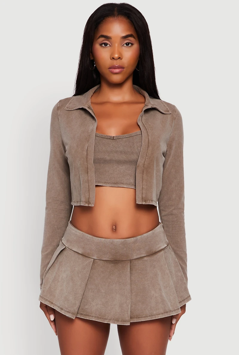 Womens Acid Wash Cropped Rib Knit Cami with Long Sleeve Jacket, Brown, Size S