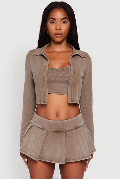 Womens Acid Wash Cropped Rib Knit Cami with Long Sleeve Jacket, Brown, Size S