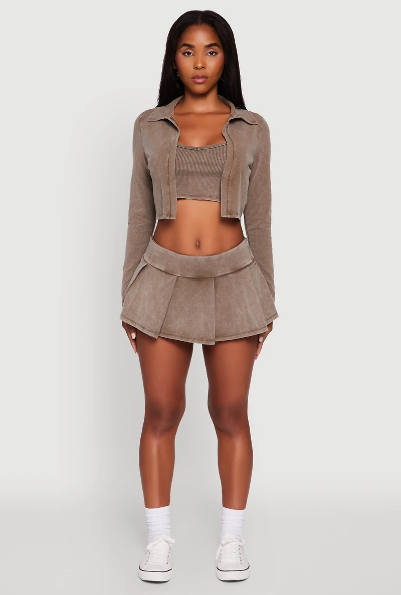 Womens Acid Wash Cropped Rib Knit Cami with Long Sleeve Jacket, Brown, Size S
