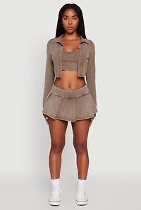 Womens Acid Wash Cropped Rib Knit Cami with Long Sleeve Jacket, Brown, Size S