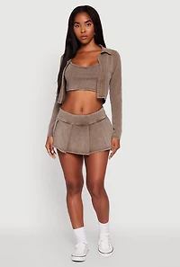 Womens Acid Wash Cropped Rib Knit Cami with Long Sleeve Jacket, Brown, Size S