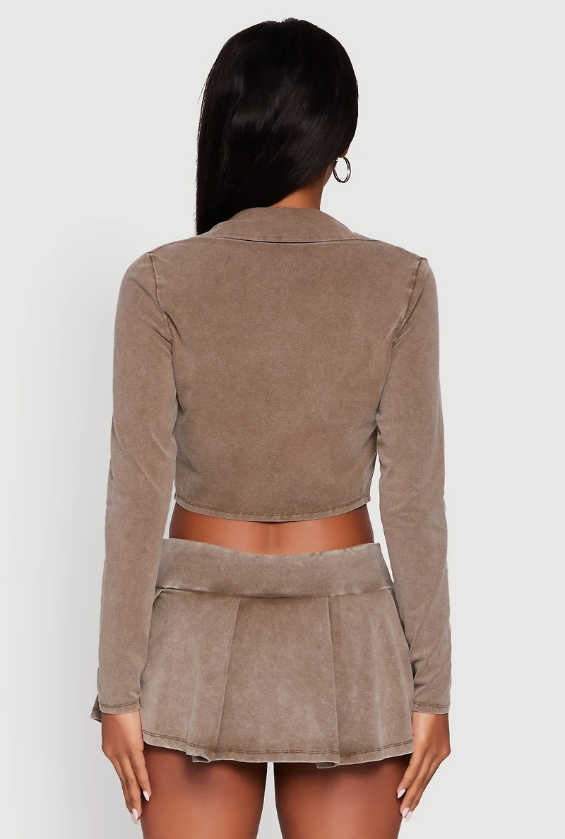 Womens Acid Wash Cropped Rib Knit Cami with Long Sleeve Jacket, Brown, Size S