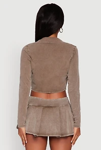 Womens Acid Wash Cropped Rib Knit Cami with Long Sleeve Jacket, Brown, Size S