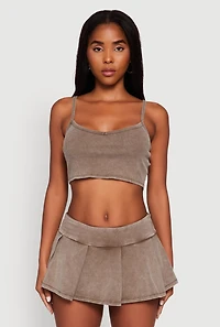 Womens Acid Wash Cropped Rib Knit Cami with Long Sleeve Jacket, Brown, Size S