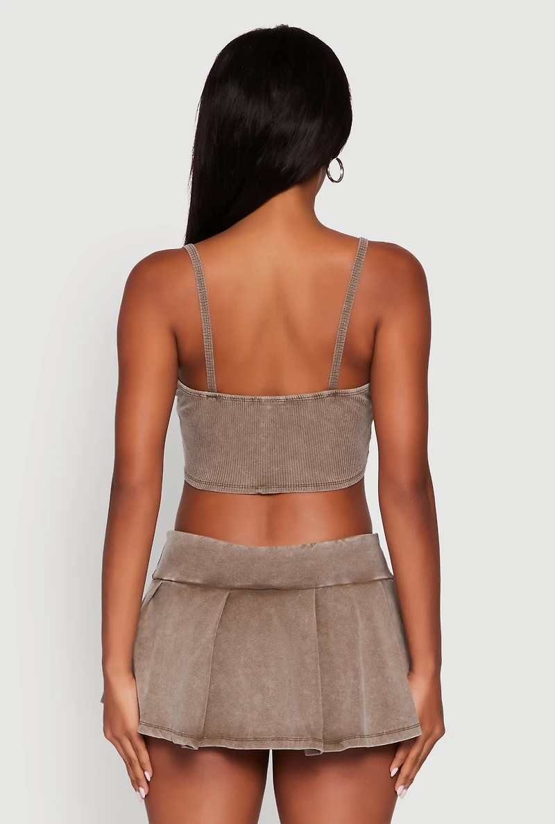 Womens Acid Wash Cropped Rib Knit Cami with Long Sleeve Jacket, Brown,