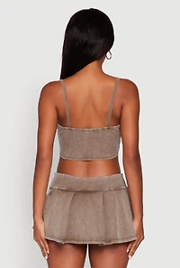Womens Acid Wash Cropped Rib Knit Cami with Long Sleeve Jacket, Brown,