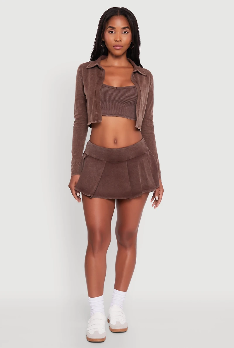 Womens Trendy Acid Wash Pleated Micro Skort, Brown, Size L