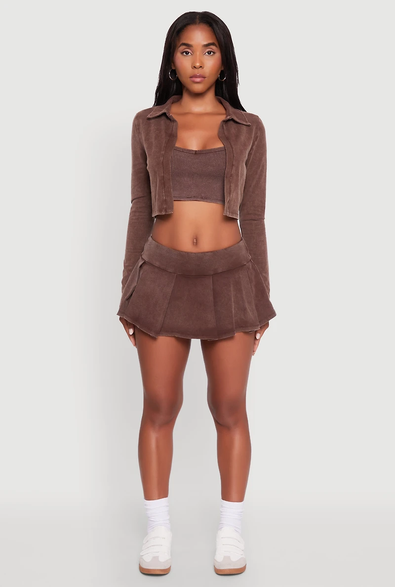 Womens Trendy Acid Wash Pleated Micro Skort, Brown, Size L