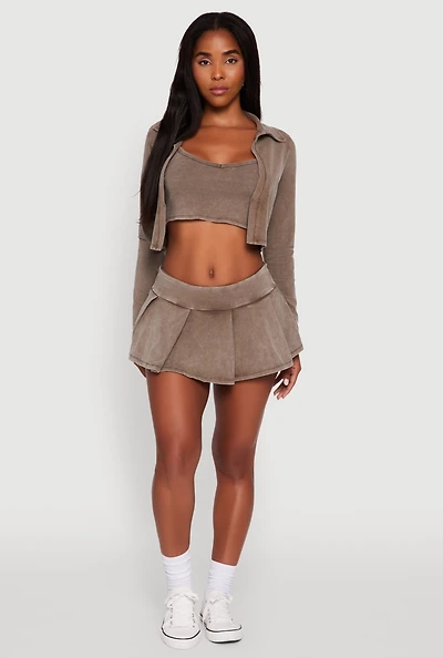 Womens Trendy Acid Wash Pleated Micro Skort, Brown, Size M