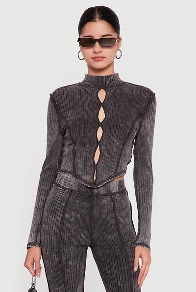 Acid Wash Keyhole Detail Ribbed Knit Top