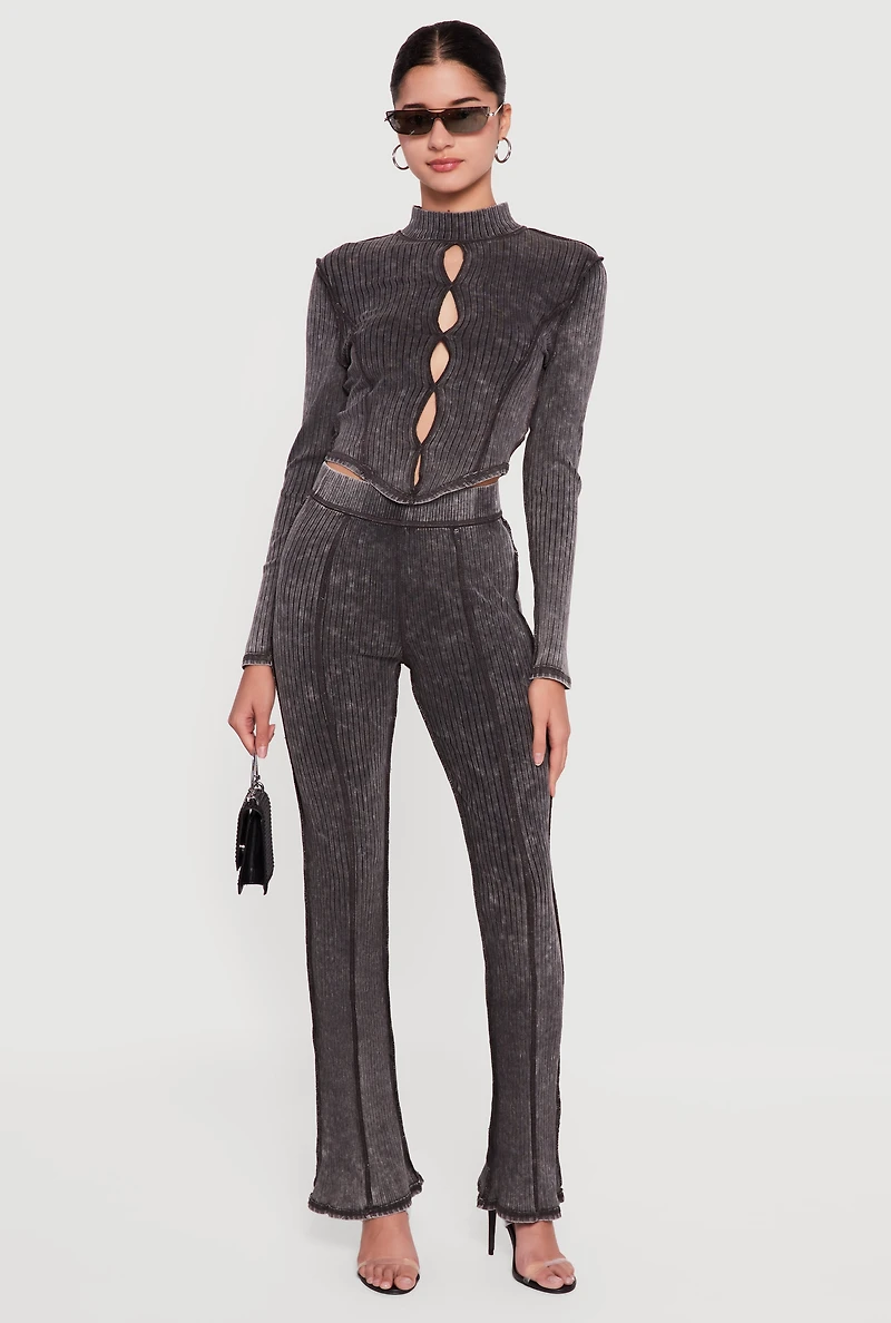 Acid Wash Keyhole Detail Ribbed Knit Top