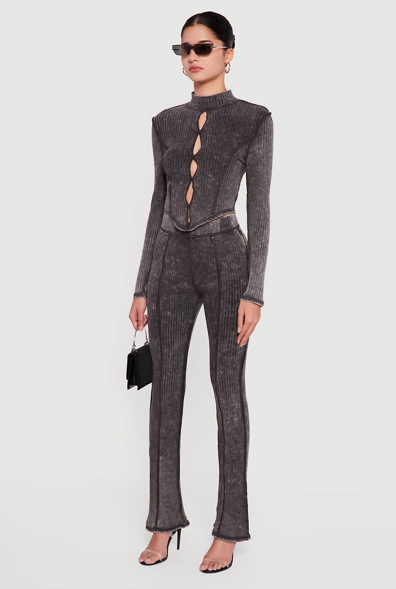 Acid Wash Keyhole Detail Ribbed Knit Top