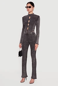 Acid Wash Keyhole Detail Ribbed Knit Top