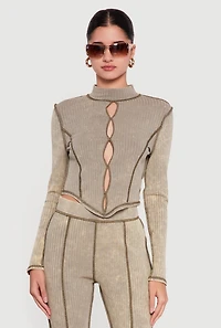 Acid Wash Keyhole Detail Ribbed Knit Top