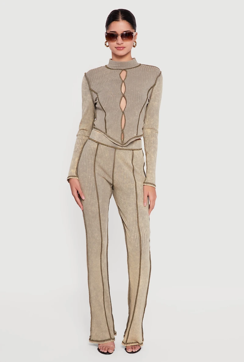 Acid Wash Keyhole Detail Ribbed Knit Top