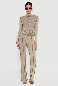 Acid Wash Keyhole Detail Ribbed Knit Top