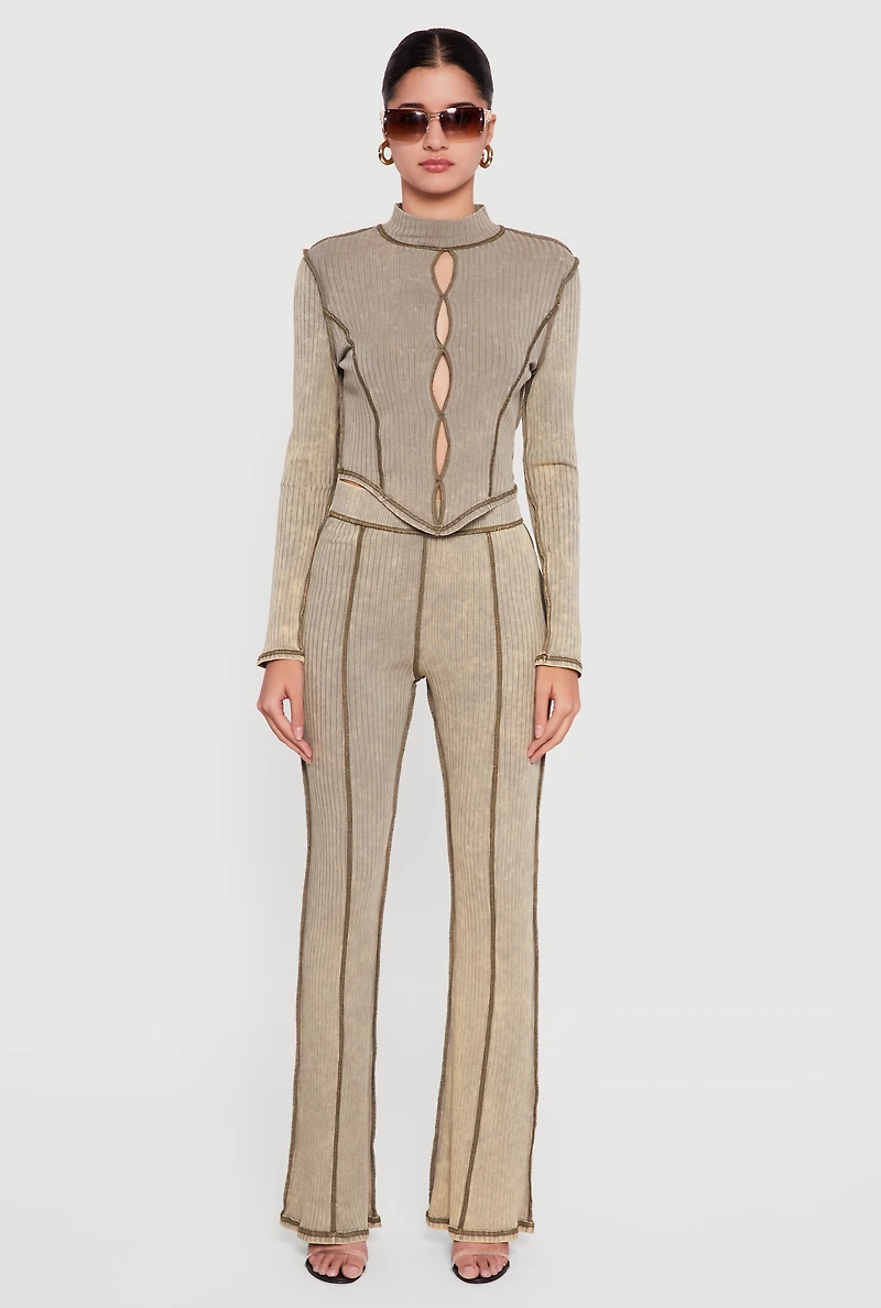 Acid Wash Keyhole Detail Ribbed Knit Top