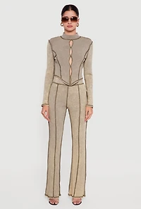 Acid Wash Keyhole Detail Ribbed Knit Top