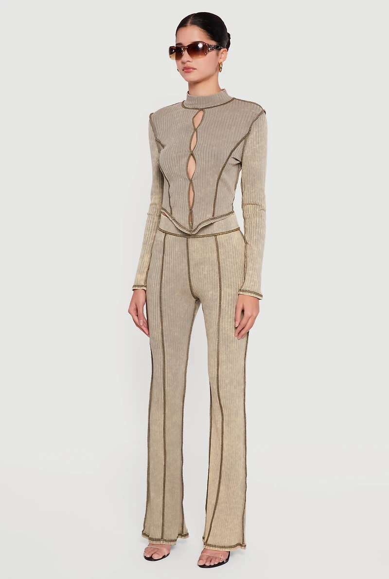 Womens Acid Wash Keyhole Detail Ribbed Knit Top,