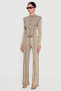 Womens Acid Wash Keyhole Detail Ribbed Knit Top,