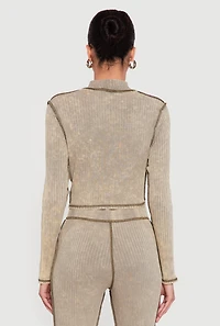 Womens Acid Wash Keyhole Detail Ribbed Knit Top,