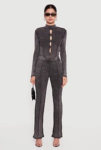 Womens High Waisted Acid Wash Pull On Pants, Grey, Size L