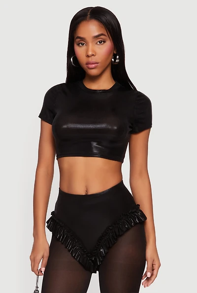 Metallic Foil Screen Short Sleeve Crop Top