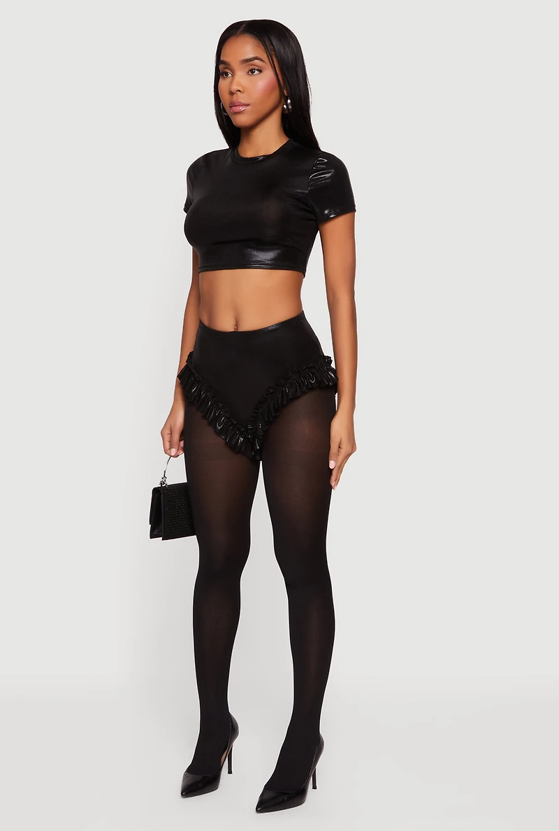 Womens Metallic Foil Screen Short Sleeve Crop Top, Black, Size M