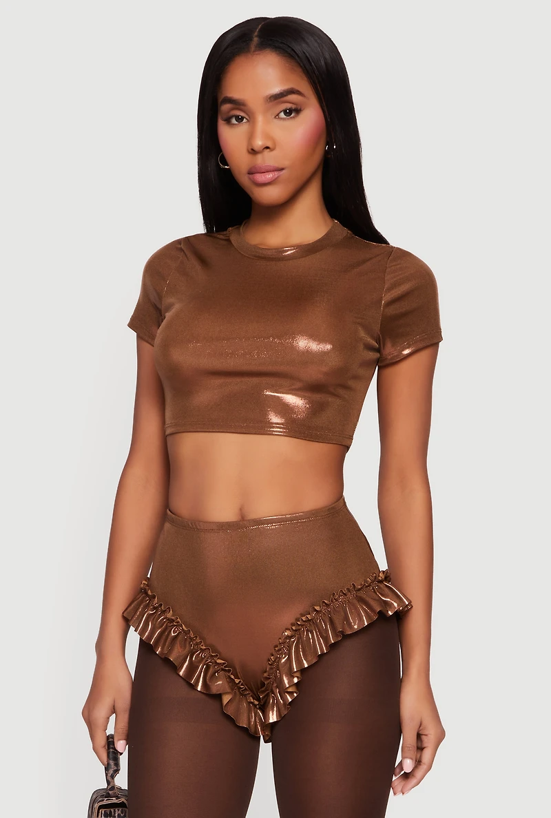 Metallic Foil Screen Short Sleeve Crop Top