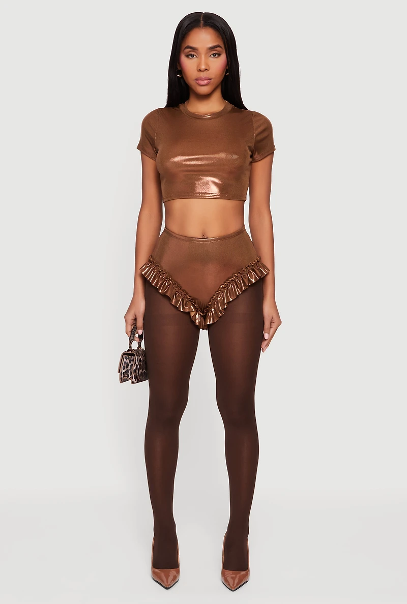 Metallic Foil Screen Ruffle Hem Shorts