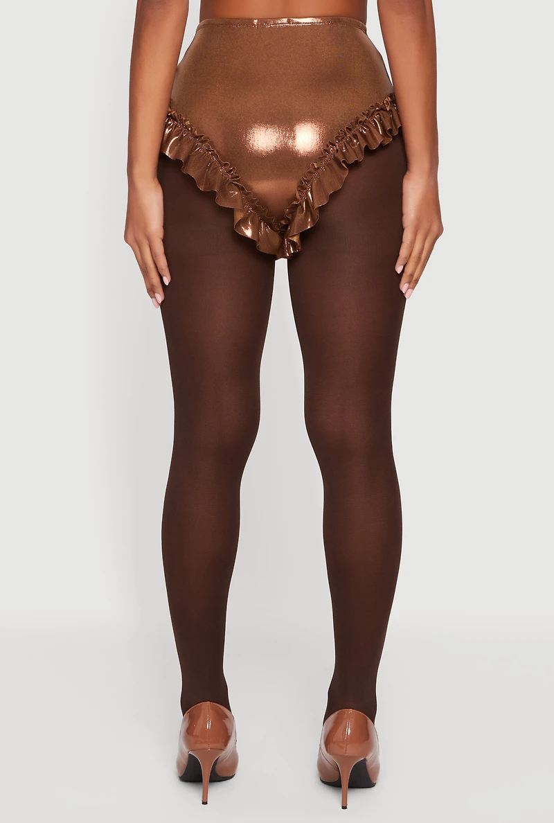 Metallic Foil Screen Ruffle Hem Shorts