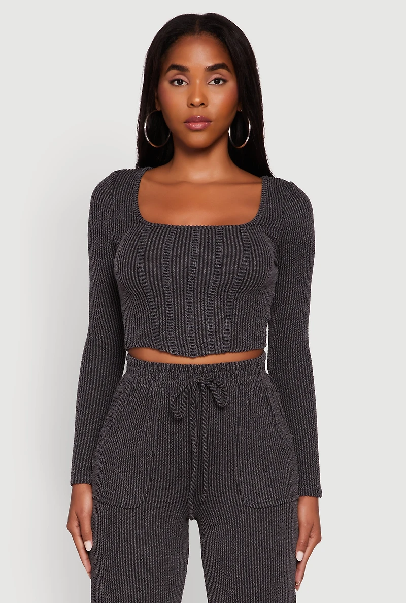 Womens Rib Knit Shadow Stripe Corset Detail Crop Top, Grey, Size M
