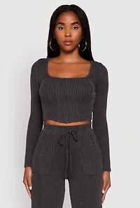 Womens Rib Knit Shadow Stripe Corset Detail Crop Top, Grey, Size M