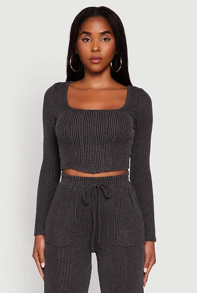 Womens Rib Knit Shadow Stripe Corset Detail Crop Top,