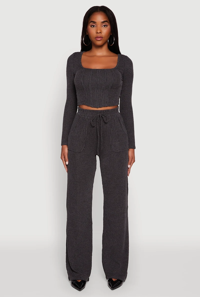 Womens Rib Knit Shadow Stripe Corset Detail Crop Top,