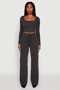 Womens Rib Knit Shadow Stripe Corset Detail Crop Top,