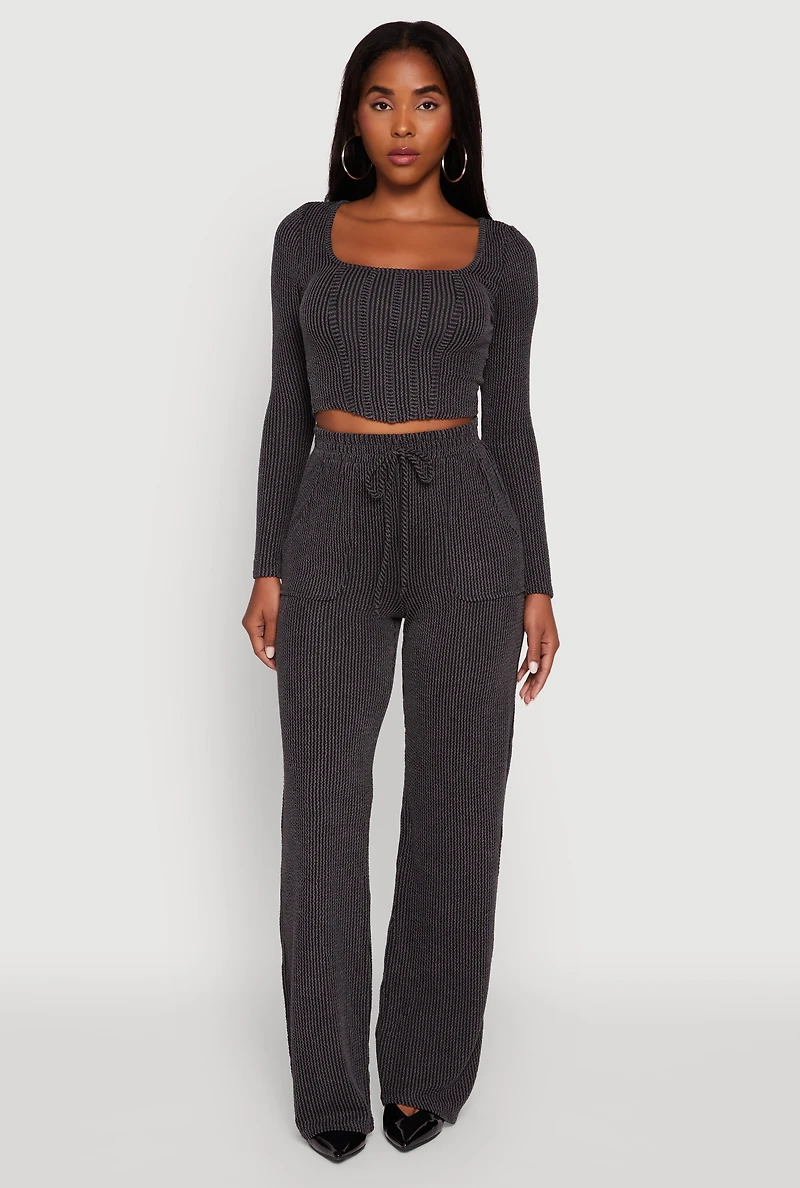 Womens Rib Knit Shadow Stripe Corset Detail Crop Top,