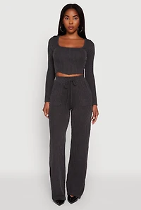 Womens Rib Knit Shadow Stripe Corset Detail Crop Top, Grey, Size M