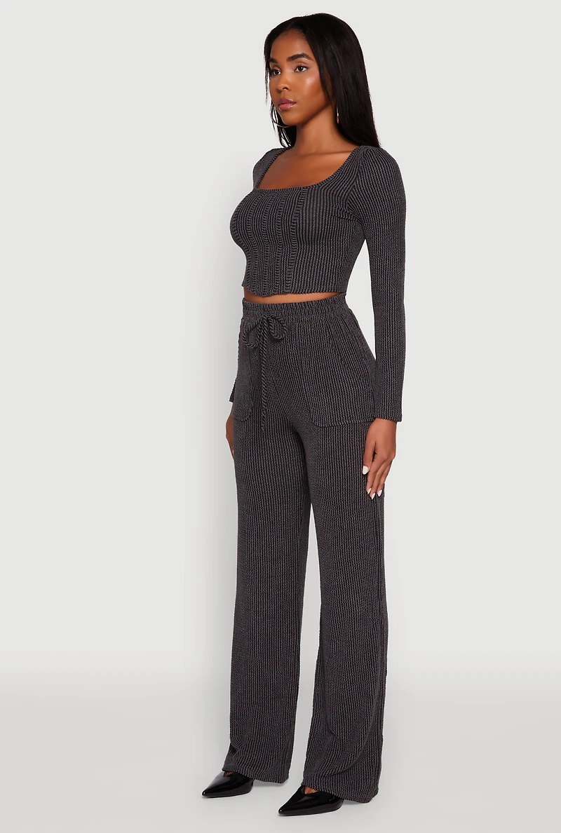 Womens Rib Knit Shadow Stripe Corset Detail Crop Top, Grey, Size M