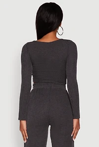 Womens Rib Knit Shadow Stripe Corset Detail Crop Top, Grey, Size M