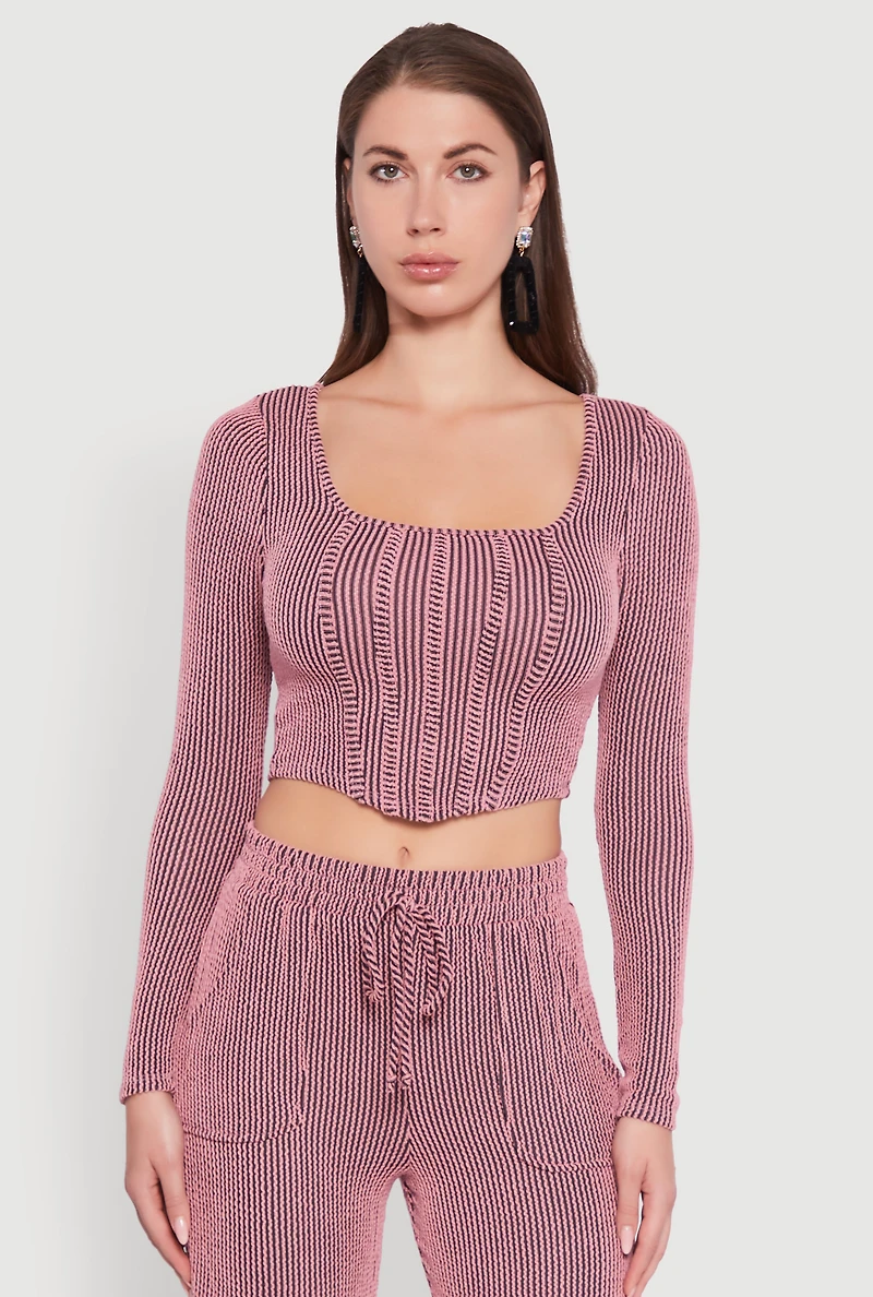 Womens Rib Knit Shadow Stripe Corset Detail Crop Top, Pink, Size S