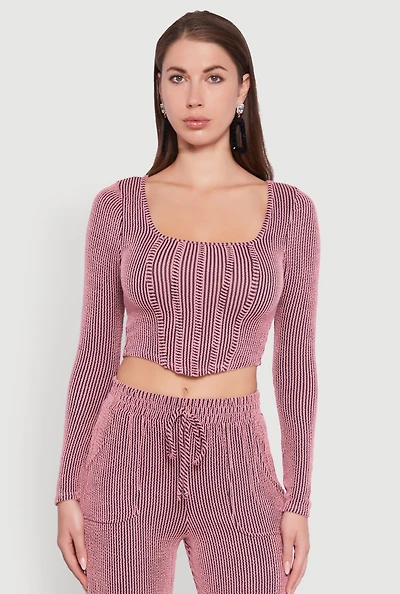 Womens Rib Knit Shadow Stripe Corset Detail Crop Top, Pink, Size S
