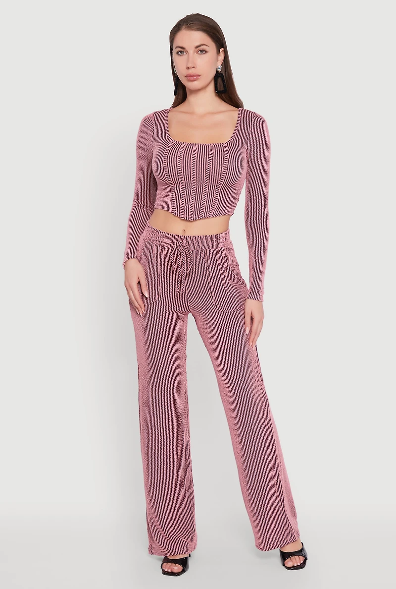 Womens Rib Knit Shadow Stripe Corset Detail Crop Top, Pink, Size S