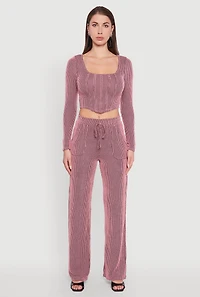 Womens Rib Knit Shadow Stripe Corset Detail Crop Top, Pink, Size S