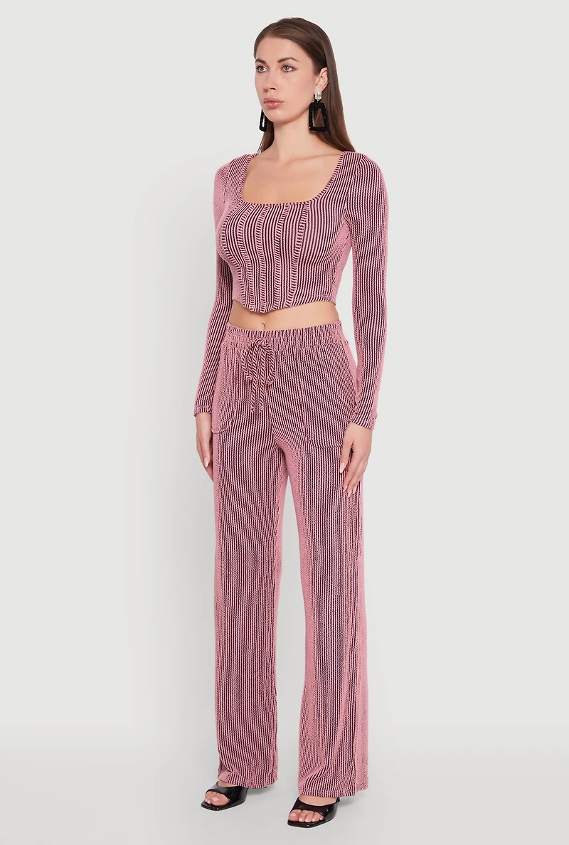 Womens Rib Knit Shadow Stripe Corset Detail Crop Top, Pink, Size S